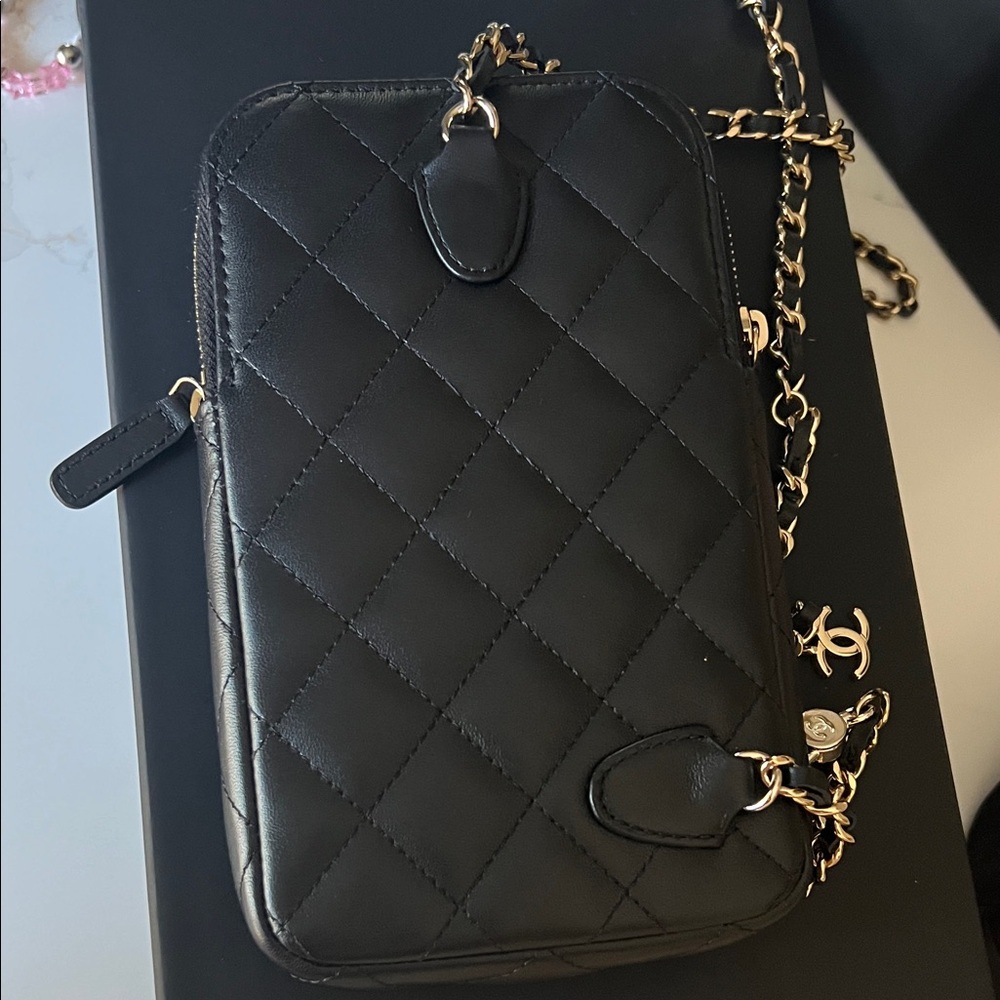 Chanel Black Quilted Phone Holder with Gold Chain - Picture 7 of 10